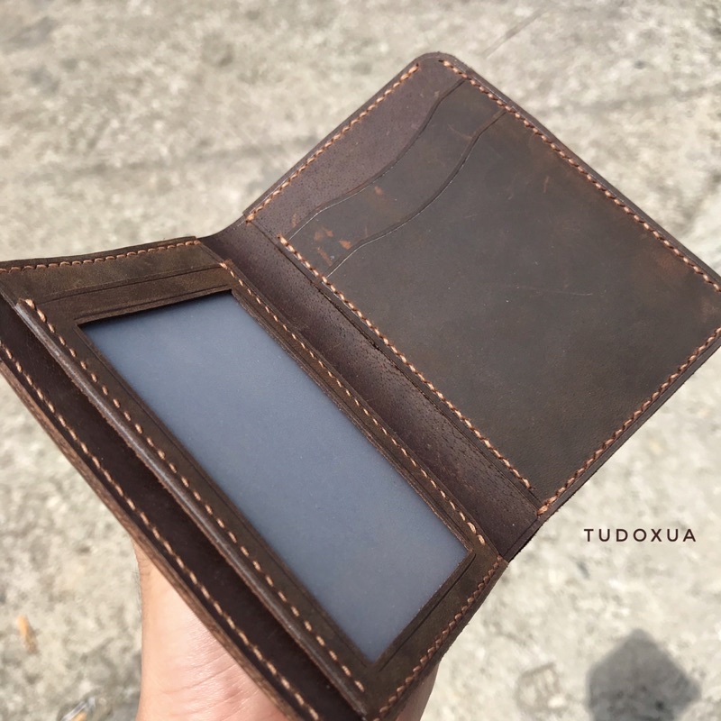 Ví da đứng khắc tên TUDOXUA MNS003 chất liệu da bò thật, tặng kèm móc khóa da