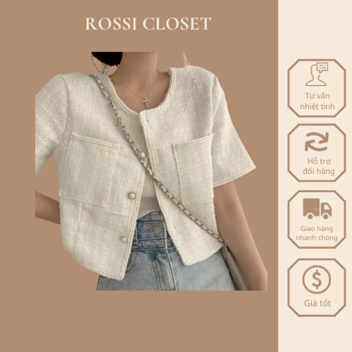 Áo dạ tweed dáng lửng tay cộc phong cách Hàn Quốc siêu xinh_ hàng order QCCC