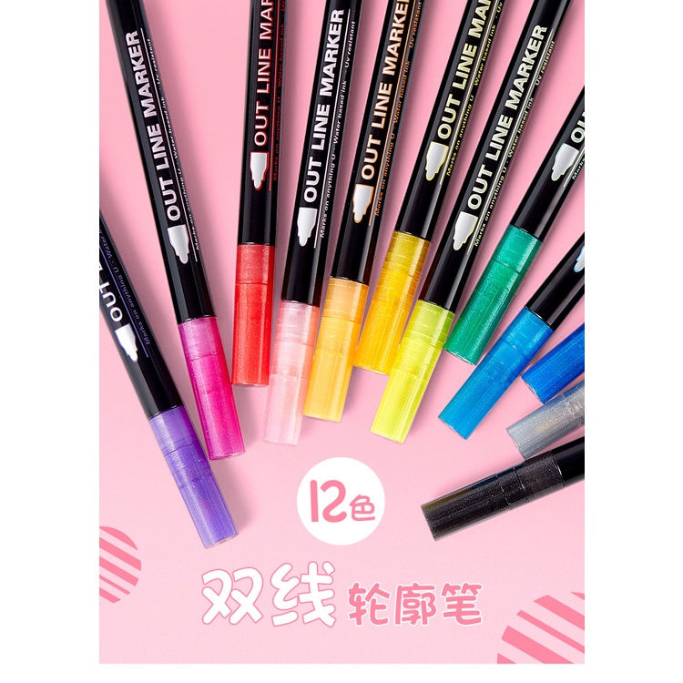 Outline Pen Highlight Marker - Bộ 12 cái Bút nhũ có nét viền chữ sẵn outline marker nổi bật bút kim tuyến ghi nét viền