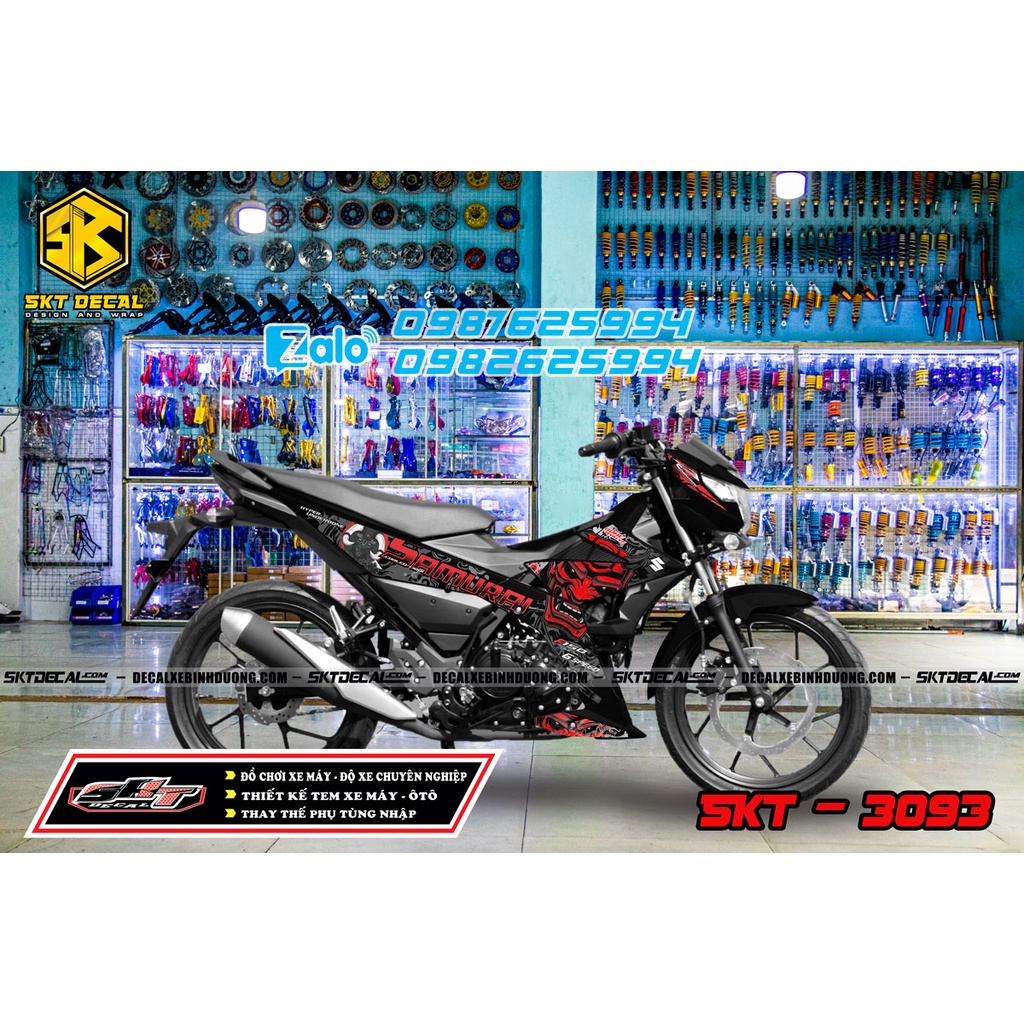 tem rời xe satria đen đỏ samurai 3093