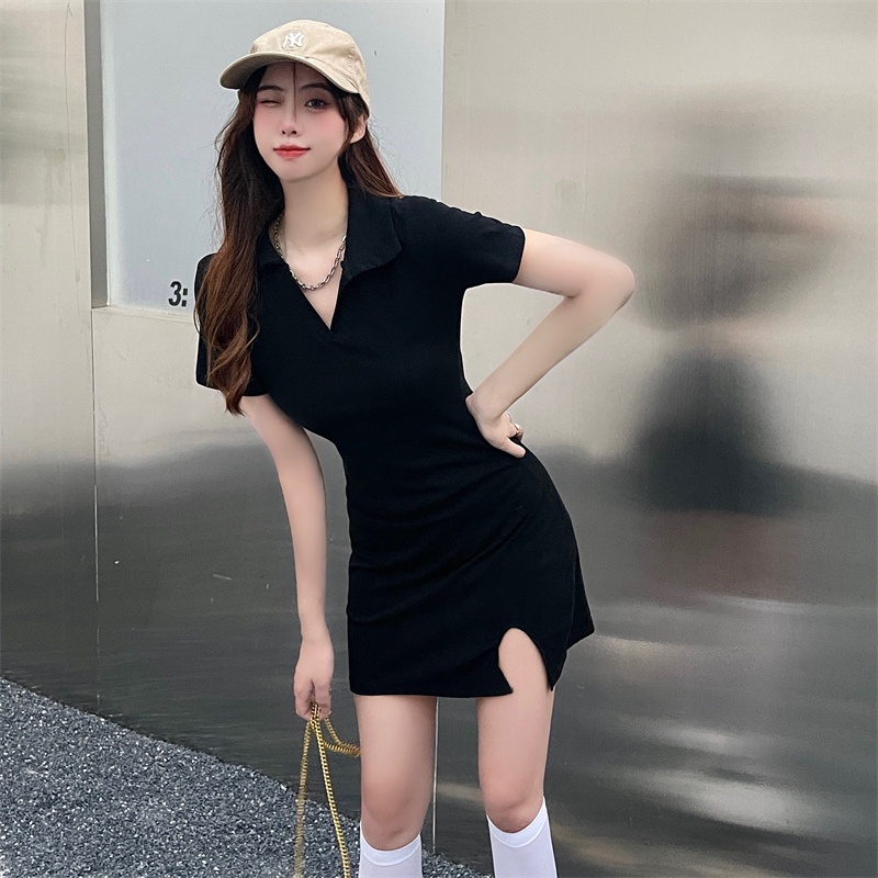 Đầm mini SUXI cổ chữ V màu đen trơn quyến rũ hợp thời trang hè