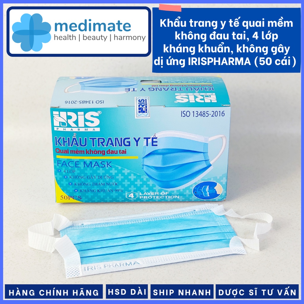 Khẩu trang y tế 4 lớp quai mềm không đau tai IRIS PHARMA (hộp 50 cái)