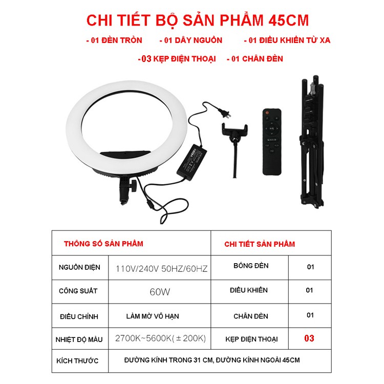 Bộ Đèn Livestream 45cm kèm điều khiển, 3 màu ánh sáng, chuyên dụng cho Livestream, Trang Điểm Make Up, Phun Săm