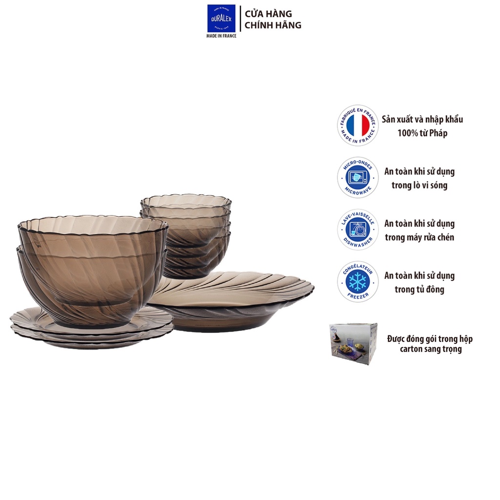 Bộ bàn ăn 9 món D7009BC Duralex - Beau Rivage  Nâu Khói Creole Thủy tinh cường lực cao cấp Pháp [Chí