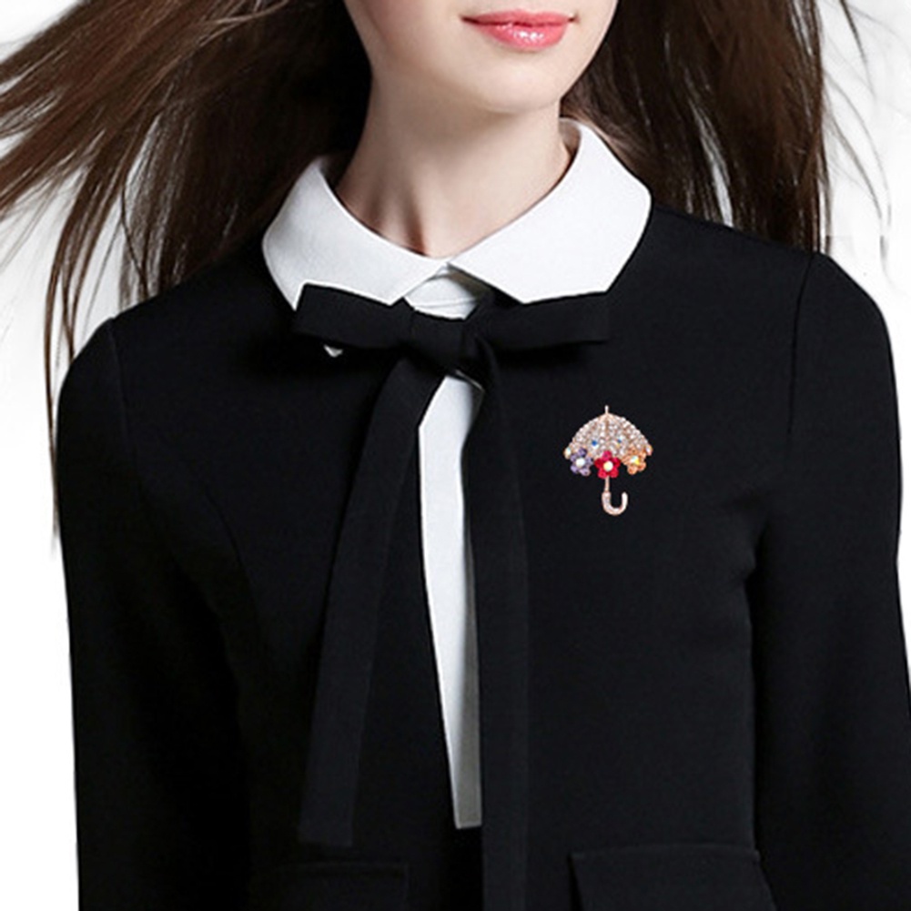 YOML✔Women Fashion Umbrella Flower Rhinestone Inlaid Brooch Pin Jacket Collar Decor