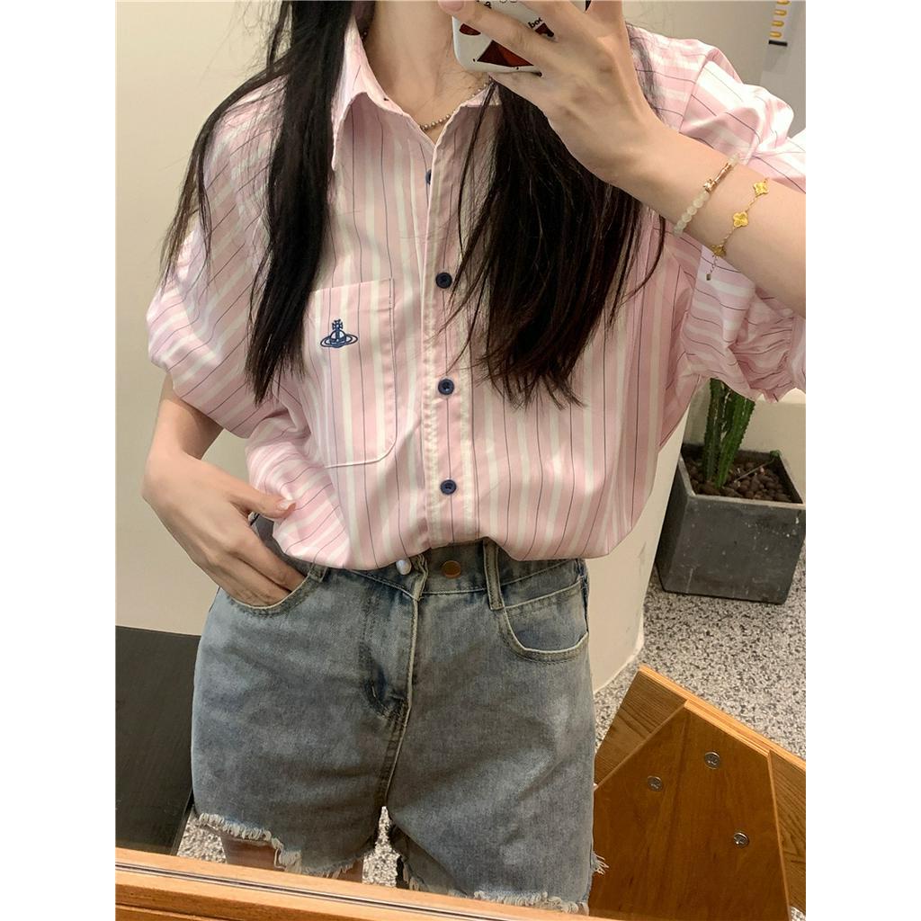 Áo Sơ Mi Kẻ Sọc Dáng Rộng Ngắn Tay Thời Trang Cao Cấp 64236