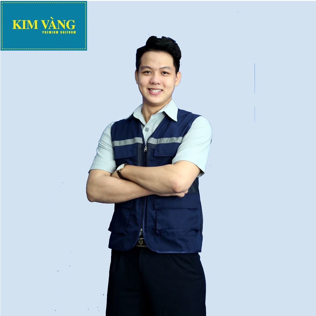 Áo ghile kĩ sư, đồng phục bảo hộ lao động chất liệu kaki TC phối lưới phản quang 3M cao cấp- Màu xanh đen