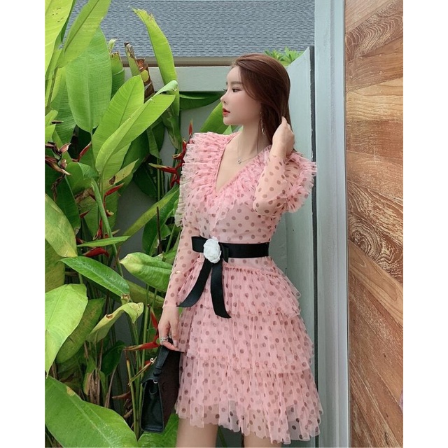 Đầm voan hoa bi tầng màu hồng H236 Hỉn Hỉn Store