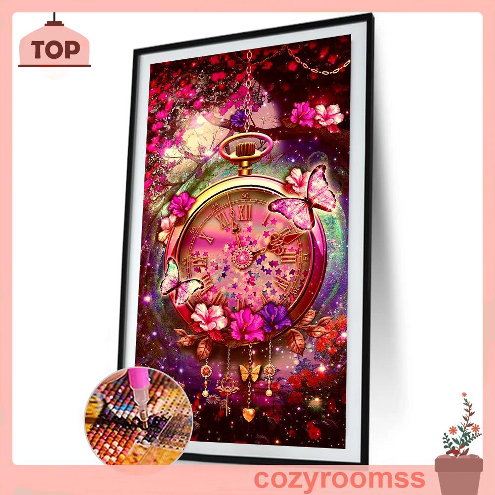 Tranh đính đá hình đồng hồ và hoa 5D nghệ thuật tự làm thủ công