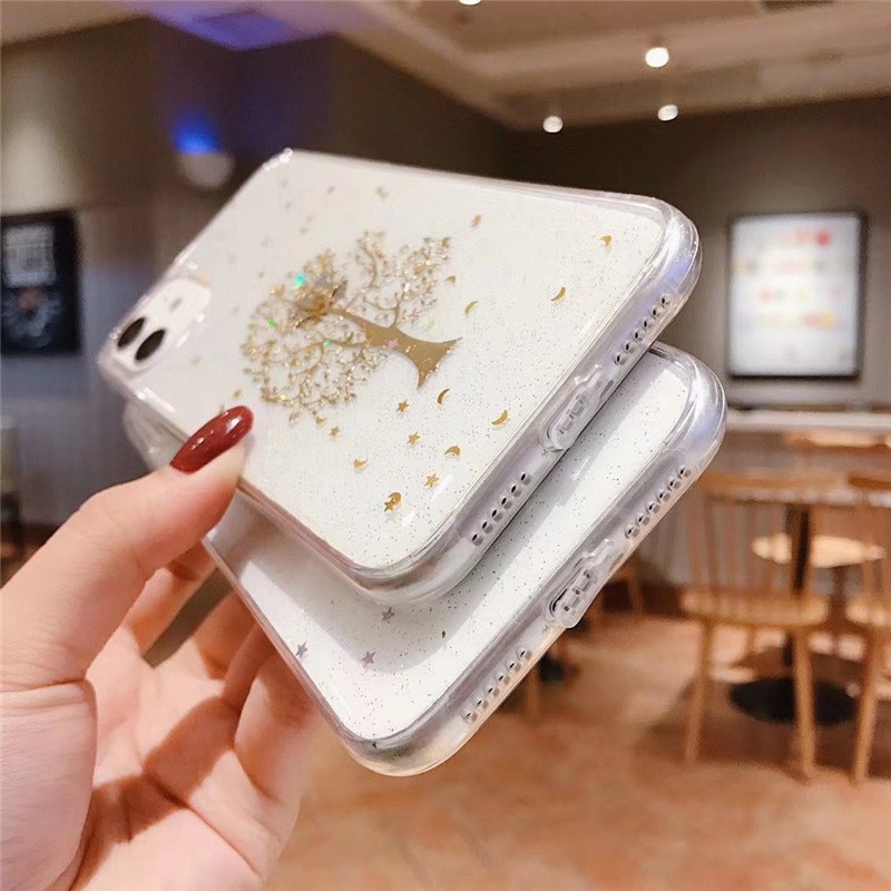 Ốp điện thoại mềm họa tiết cây màu sắc vàng ánh kim sang trọng dành cho iPhone12 11Pro Max XR XS Max X 7 8 Plus