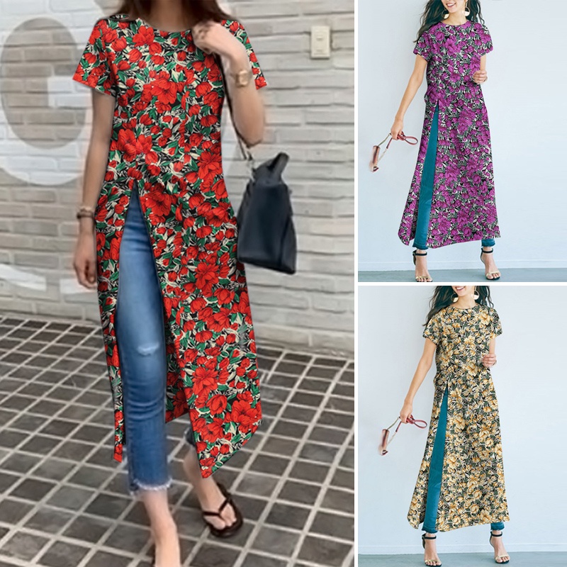 Áo kiểu nữ ZANZEA cổ tròn ngắn tay dáng dài xẻ tà thời trang