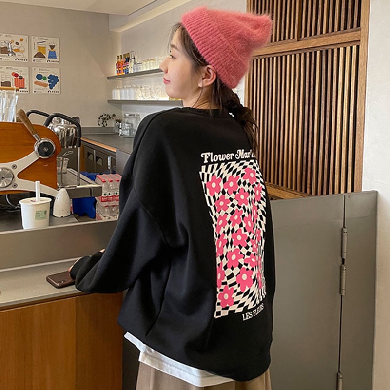 Áo nỉ ZHELIHANGFEI tay dài dáng rộng họa tiết in hoa dễ phối đồ thời trang