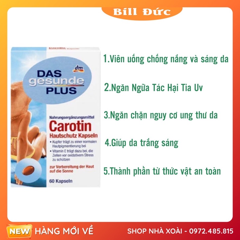 Viên uống sáng da chống nắng Carotin Mivilos Đức- Nội địa Đức Đủ Bill