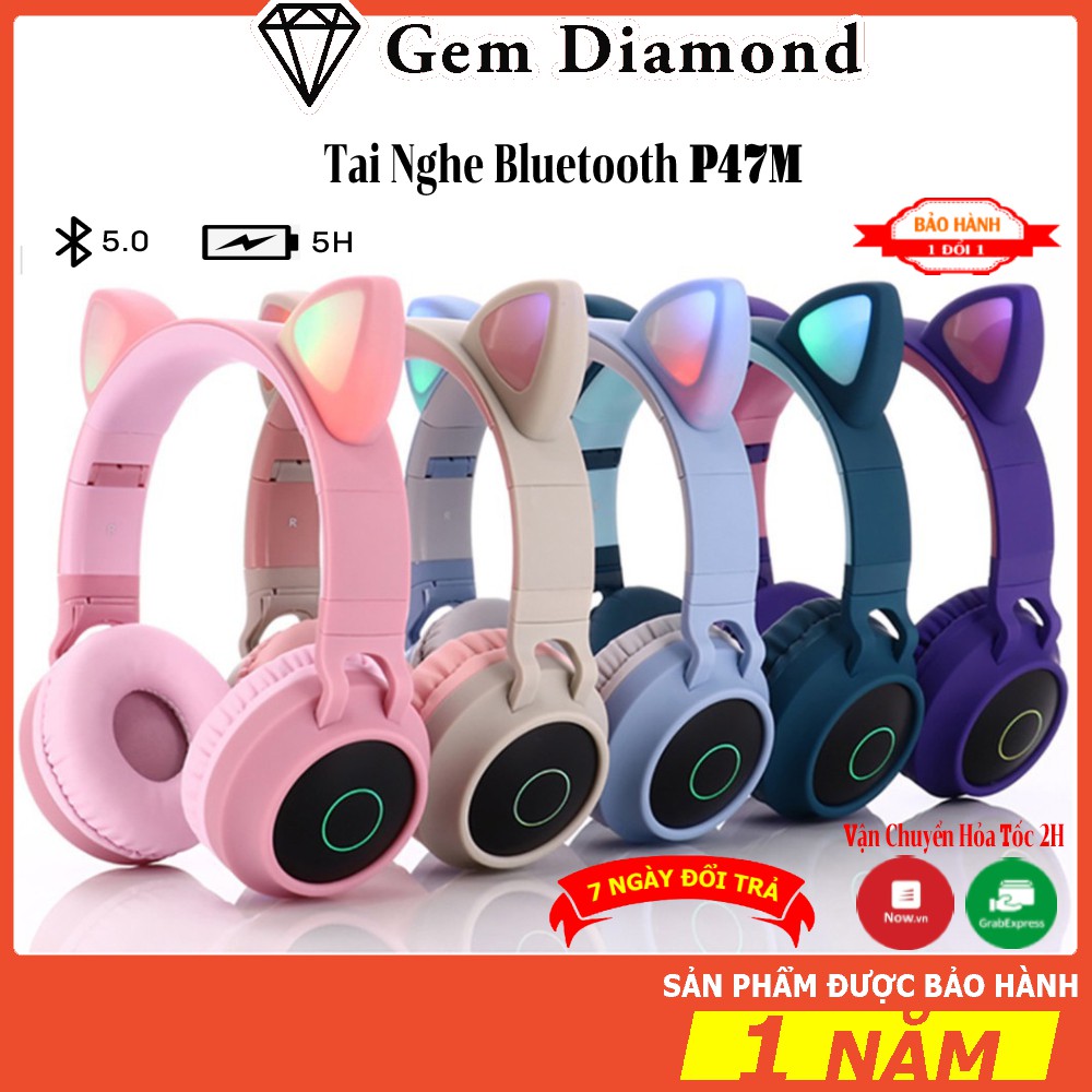 Tai Nghe Bluetooth Không Dây Chụp Tai Có Mic Đèn Led Đủ Màu Dễ Thương Pin Khủng - Tai nghe livestream - Mã P47M Mèo
