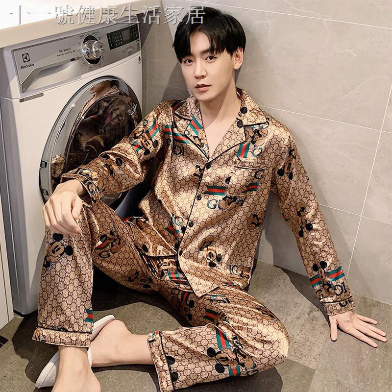∋▫Bộ Đồ Ngủ Tay Dài Chất Lụa Mỏng In Họa Tiết Hoạt Hình Thời Trang Xuân Thu Cho Nam