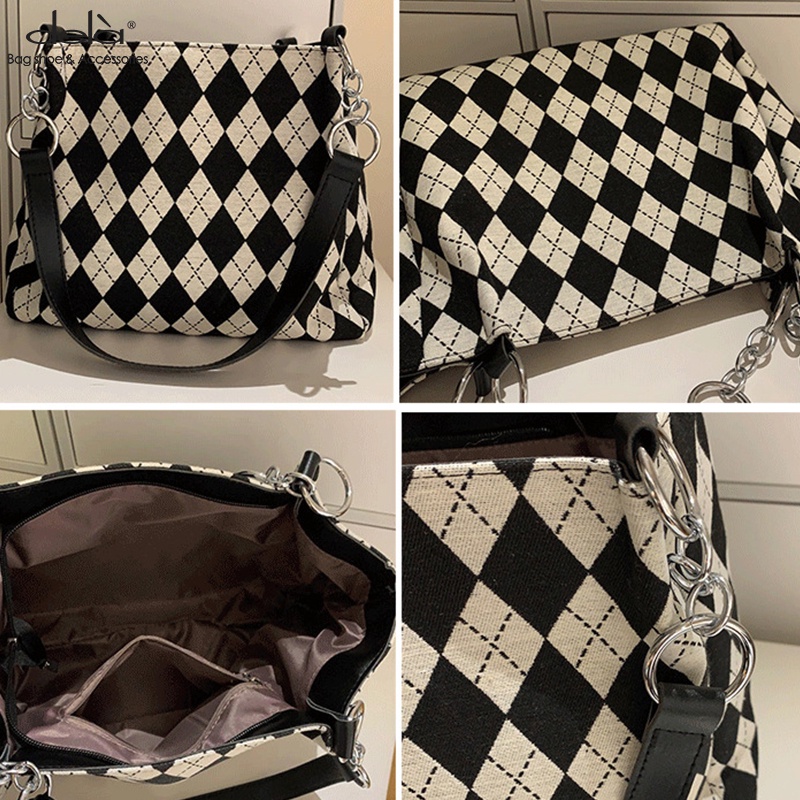 Dela Túi Xách tote canvas Sọc Caro Trắng Đen Sức Chứa Lớn Thời Trang Chất Lượng Cao Cho Nữ