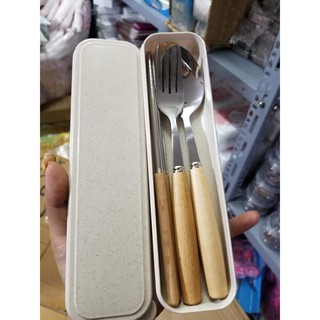 Bộ đũa,thìa,dĩa inox cán gỗ sồi