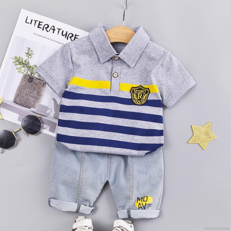 Set áo thun sọc ngang + Quần short jeans cho bé trai