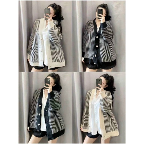 áo cardigan len hoạ tiết kẻ xương cá ulzzang