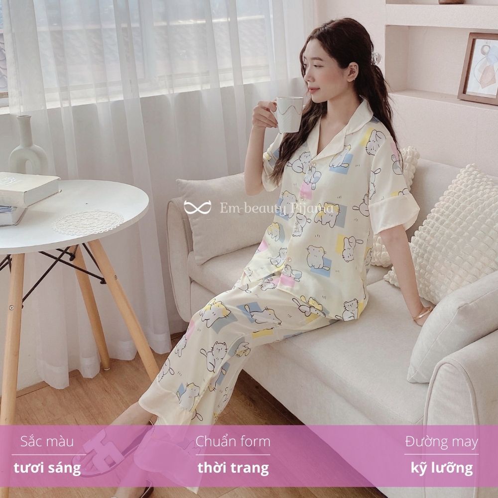 Pijama lụa EMBEAUTY đồ ngủ nữ, bộ mặc nhà, tay cộc quần dài nơ, tiểu thư, sau sinh freesize CÓ FREESHIP TẶNG QUÀ_EM18 | BigBuy360 - bigbuy360.vn