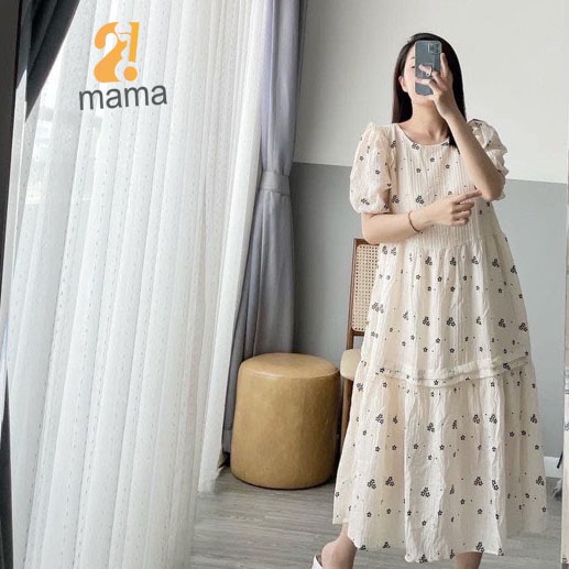 Váy bầu thiết kế 2mama hoa nhí, thiết kế dáng tầng ly, bèo vai, 2 lớp xinh xắn sang trọng V300