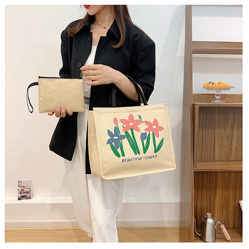 Phiên bản Hàn Quốc mới của túi vải có dung tích lớn cầm tay thông thường in họa tiết đơn giản