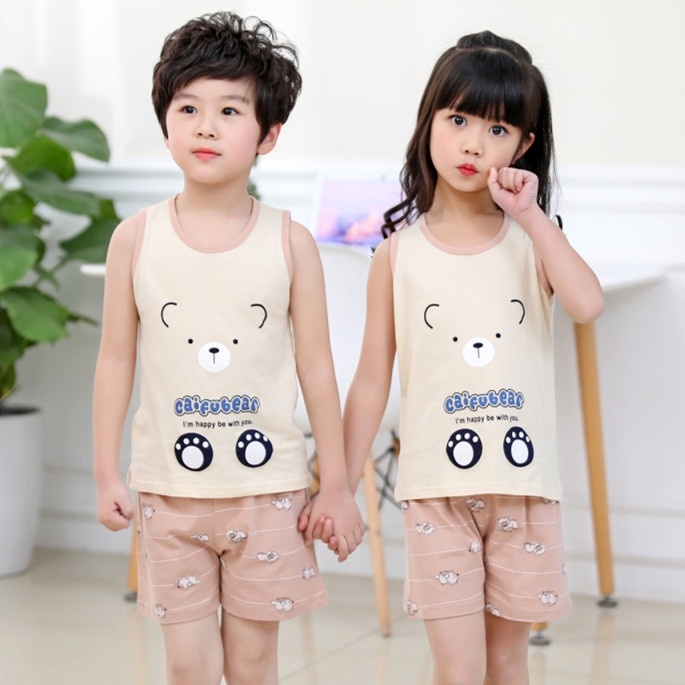 Bộ Áo Ba Lỗ + Quần Short Cotton In Họa Tiết Hoạt Hình Dễ Thương Thời Trang Mùa Hè Cho Bé 90-140cm