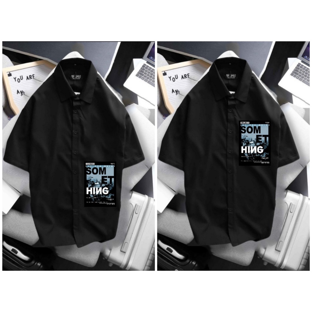 BIGSIZE Áo Sơ mi tay ngắn nam bigsize màu đen sz 70 - 130kg - in hình something
