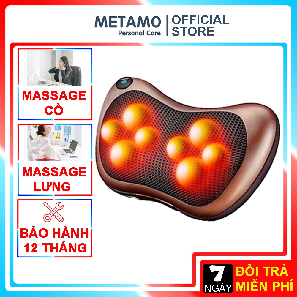 Gối massage cổ vai gáy hồng ngoại 8 bi METAMO, máy mát xa 2 chiều công nghệ Nhật Bản Cao Cấp