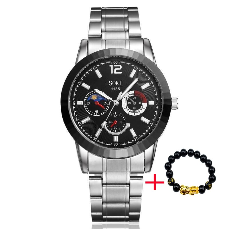 Đồng hồ nam SOKI SK1131 ( 3 màu mặt cá tính) dây hợp kim thép không gỉ cao cấp + Tặng vòng tay tỳ hưu may mắn cao cấp