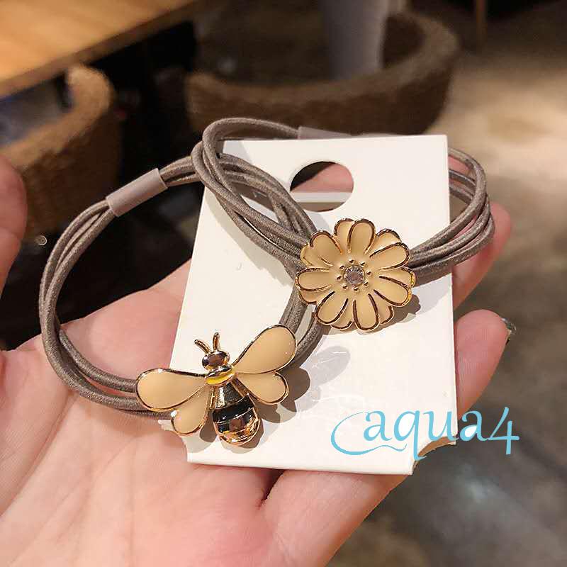 ANANA-Hair Ties for Women, Elastic Hair Rope with Alloy Daisy/Bee Decor, Ponytail Hair Holder Bracelet for Girls, Teens, Apricot