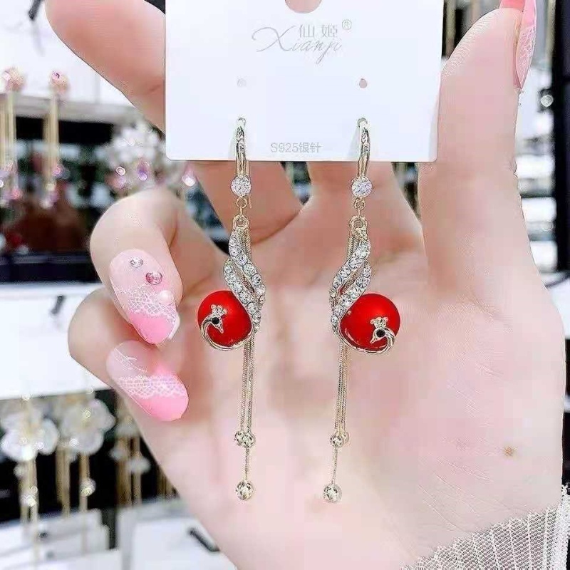 Khuyên Tai Tua Rua Hình Phượng Hoàng Đính Ngọc Trai Phong Cách Trung Hoa
