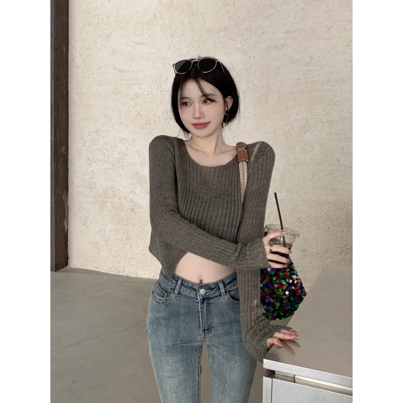 HUANG YOYO  Áo Thun Nữ Dài Tay Cổ Tròn Thời Trang Hàn