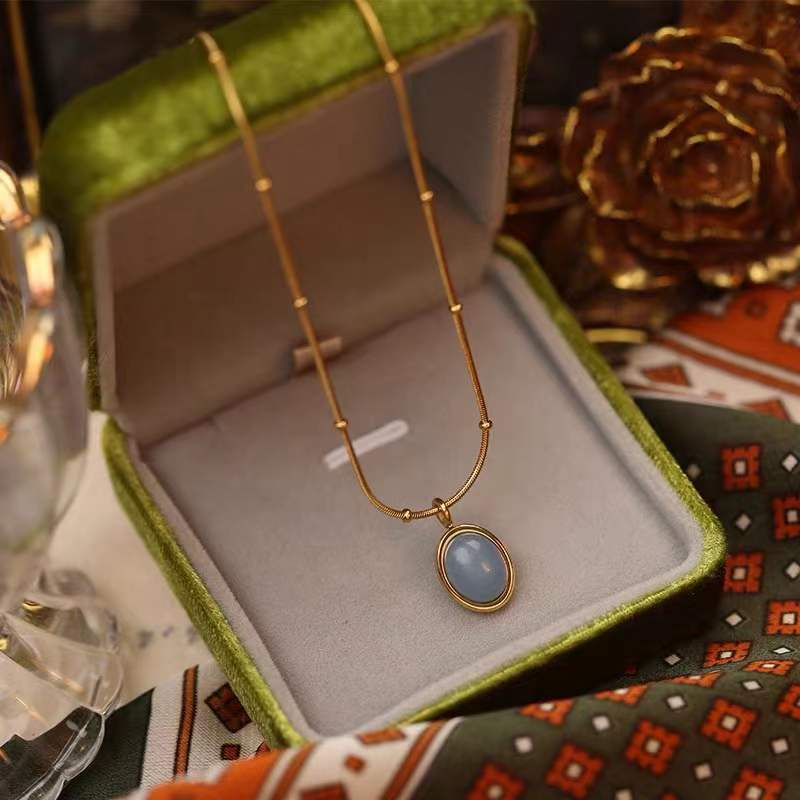 Dây chuyền thép titan 18k không phai màu mặt đá aquamarine tự nhiên cao cấp phong cách Nhật Hàn sang trọng dành cho nữ