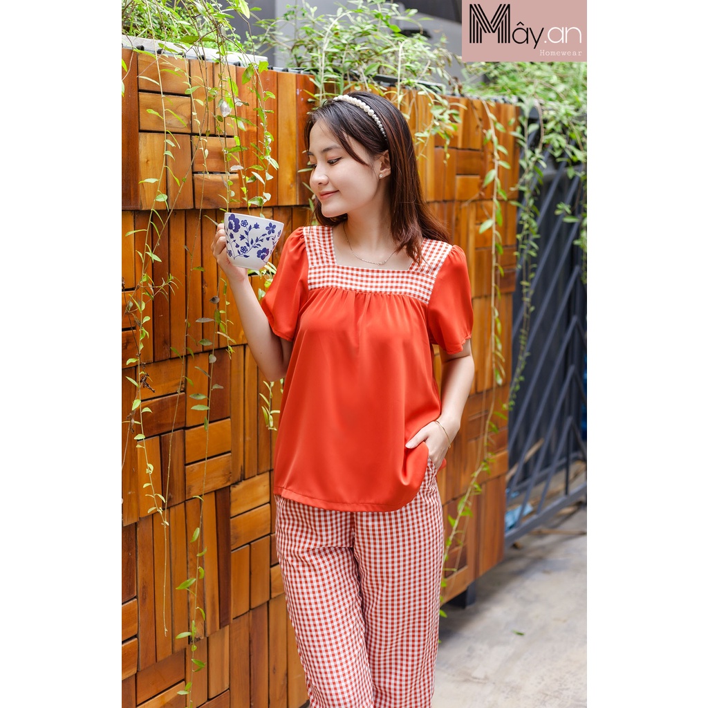 Đồ mặc nhà MÂY áo cổ vuông quần dài caro coton