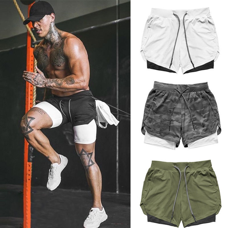 Quần Short Thể Thao Hai Lớp Phối Lưới Thoáng Khí Nhanh Khô Cho Nam