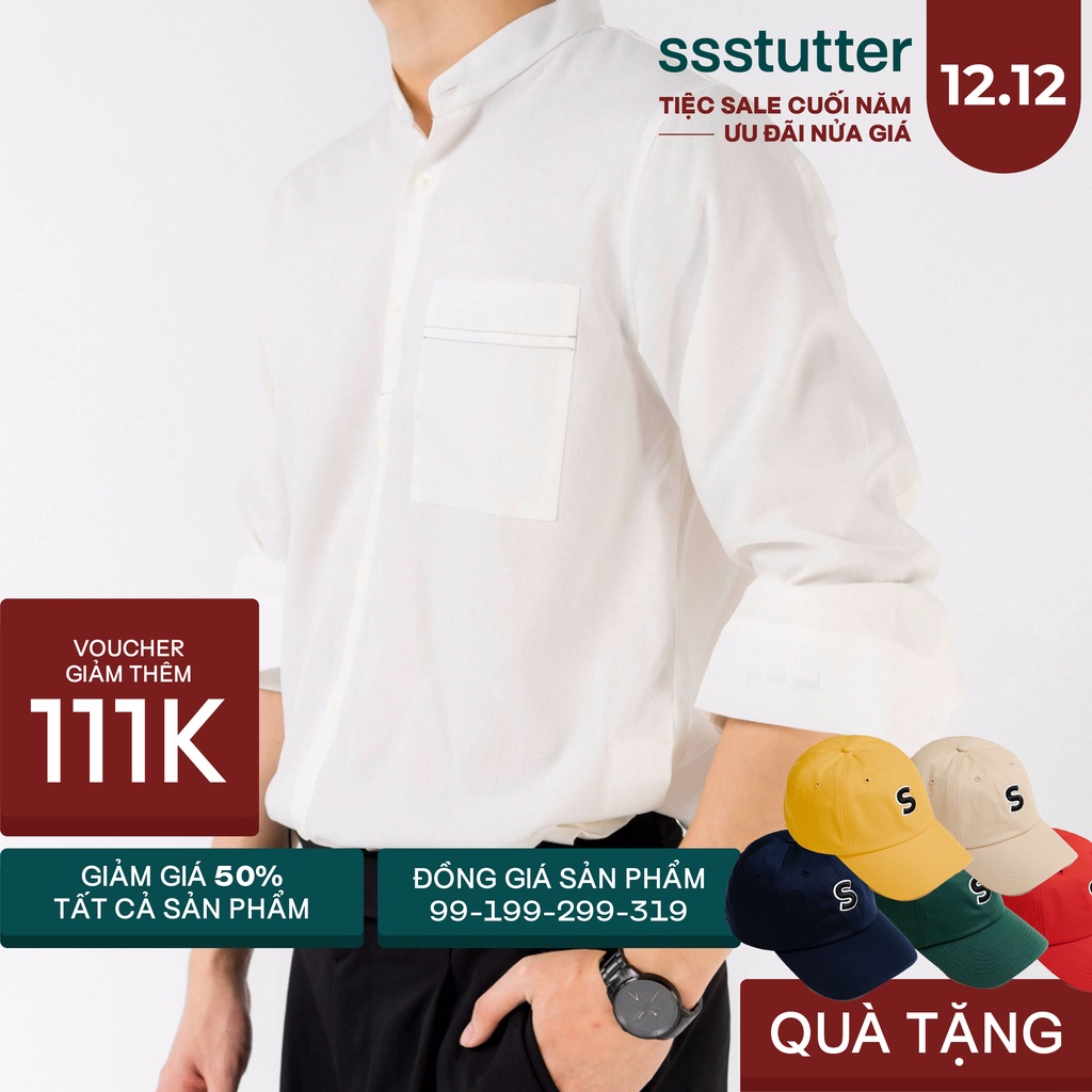 Áo sơ mi dáng suông SSSTUTTER thiết kế nổi bật viền túi vải cotton thoáng mát Premium Line Shirt