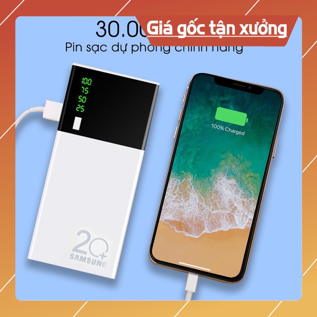 Sạc Dự Phòng 30000mAh Tích Hợp Sạc Nhanh Fast Charge Mặt Kính hiển thị pin. 2USB Có Đèn nhỏ gọn siêu tiện lợi |Trun