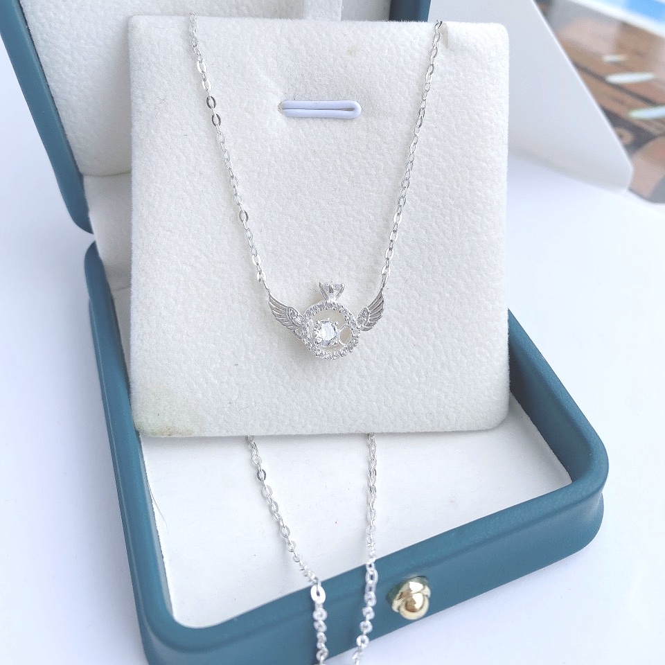 Dây chuyền bạc nữ Evasilver hình đôi cánh đính mặt đá tròn, dây chuyền chuẩn bạc ta sang trọng nữ tính