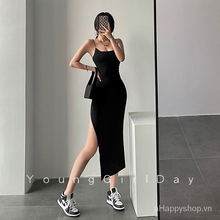 Đầm hai dây ôm dáng xẻ tà cao thời trang Âu Mỹ quyến rũ cho nữ 2021