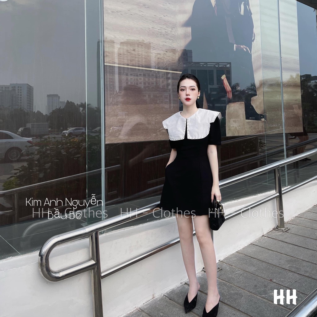 Váy cổ Piter trắng phối đen - Hàng có sẵn - Xưởng may Lộc Vân - V08