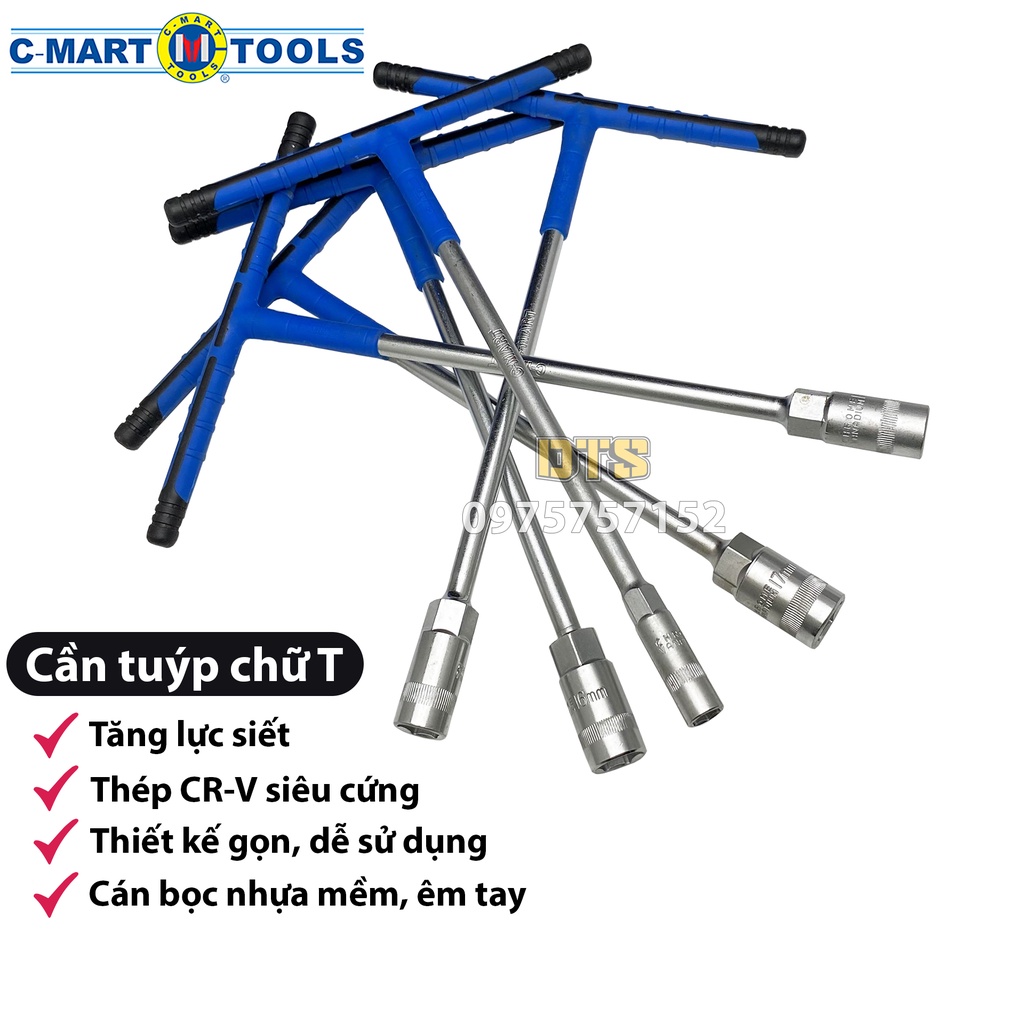 Cần tuýp chữ T lục giác công nghiệp C-MART đủ size 8-19mm siêu cứng, cần siết chữ T tay cầm chống trượt, típ chữ T