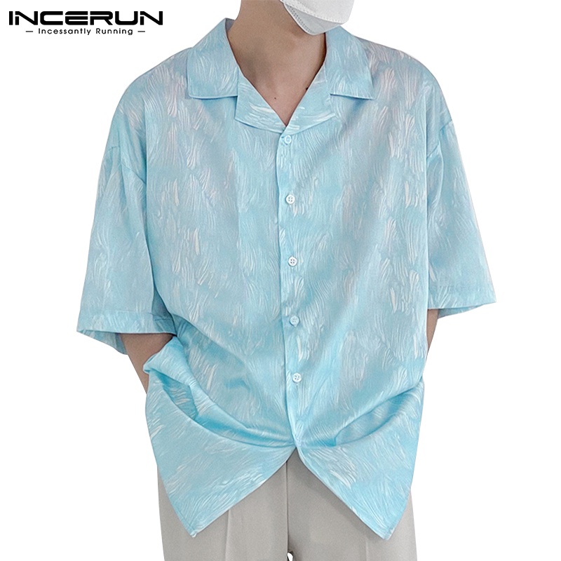Áo sơ mi INCERUN ngắn tay cổ bẻ gài nút in họa tiết thời trang mùa hè cho nam