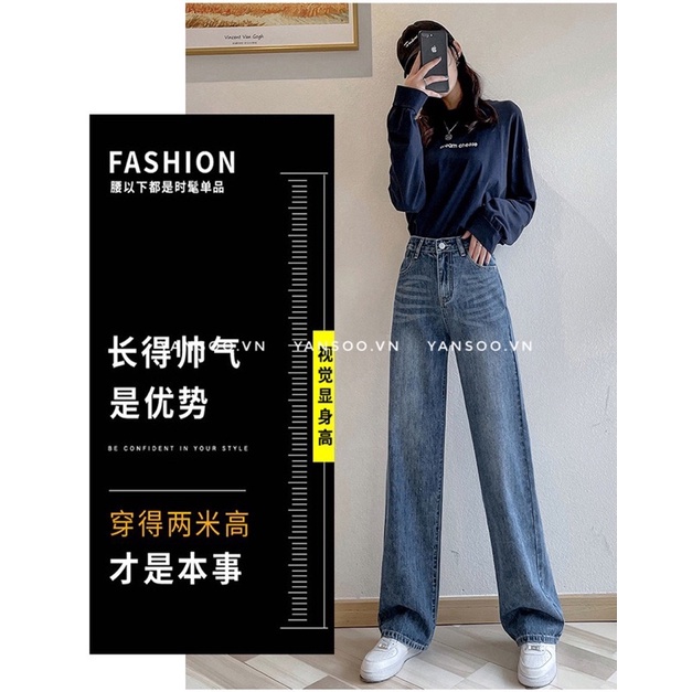 Quần jean ống rộng cạp cao xanh đậm trơn , quần bò cullotes hách dáng chất dày dặn by YANSOO