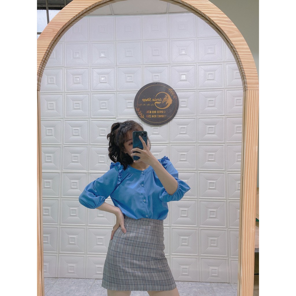 Áo sơ mi công sở cổ tròn nhấn bèo vai tay lửng màu xanh thanh lịch thời trang Gloria shop | BigBuy360 - bigbuy360.vn