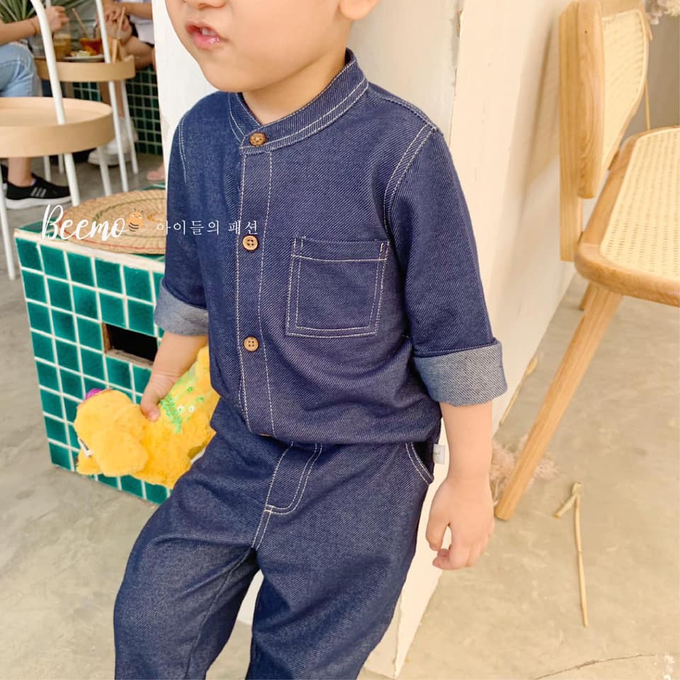 Set bộ bé trai da cá màu denim cổ tàu