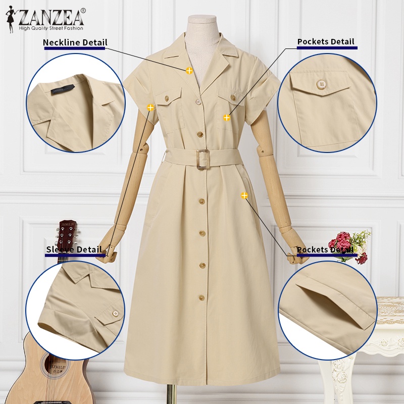 Đầm dài ZANZEA tay ngắn cổ bẻ có túi phối thắt lưng thời trang tùy chọn màu sắc dành cho nữ