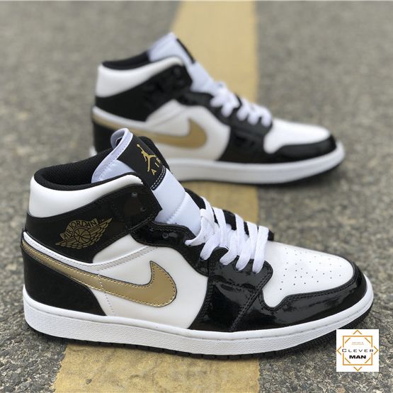 (FREESHIP+FULLBOX) Giày thể thao Sneakers AIR JORDAN 1 Retro High Patent Black White Gold Đen bóng logo vàng