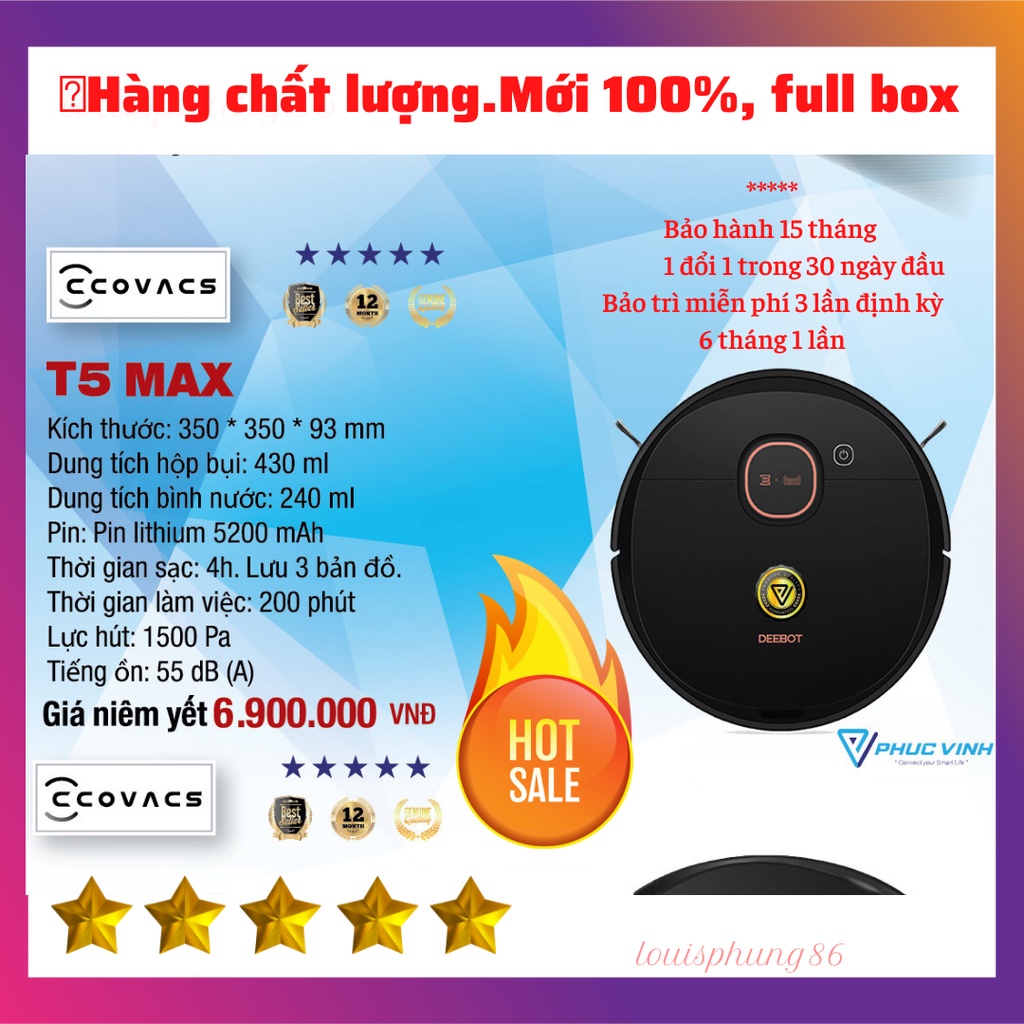 NEW ROBOT hút bụi lau nhà ECOVACS DEEBOT T5 MAX(DX65) ,Lực hút mạnh, App Tiếng Việt, hàng chính hãng , bảo hành 5 sao