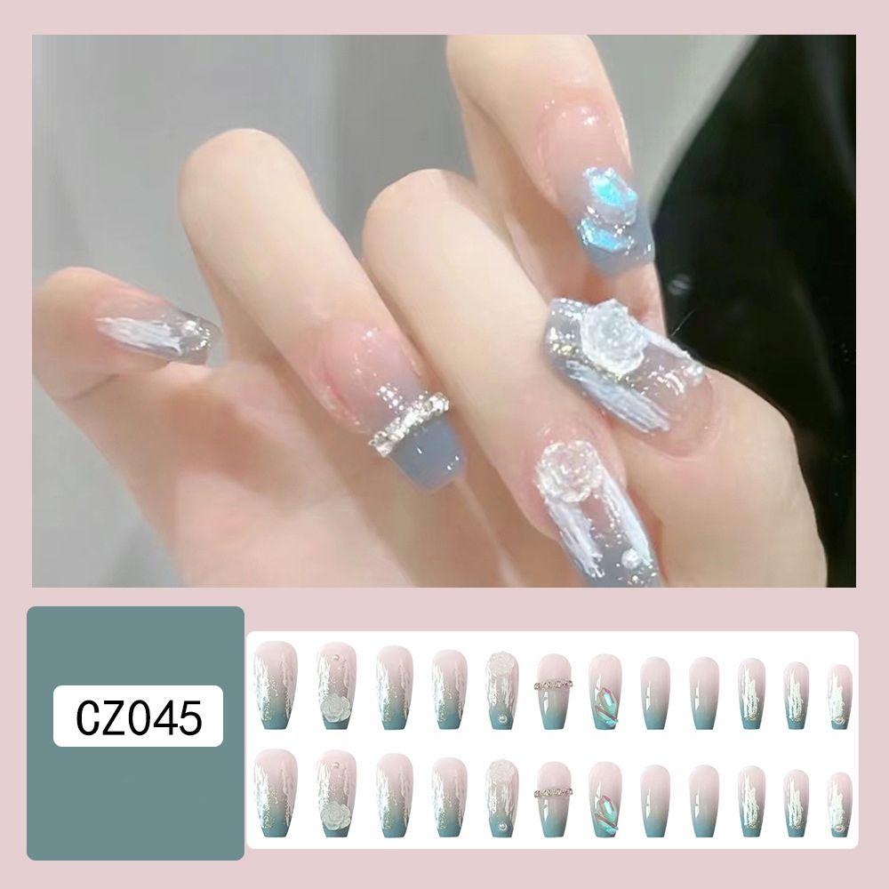 MIHAN1 Bộ 24 Móng Tay Giả Đính Hoa Hồng Hồng Lấp Lánh